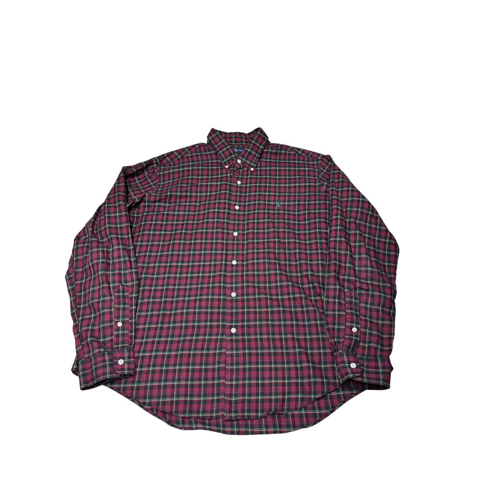 Polo Ralph‎ Lauren Mens XXL Custom Fit Plaid Button Down Shirt Burgundy Green